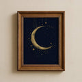 Wide bronze framed midnight blue celestial artwork with engraved gold crescent moon and delicate star clusters