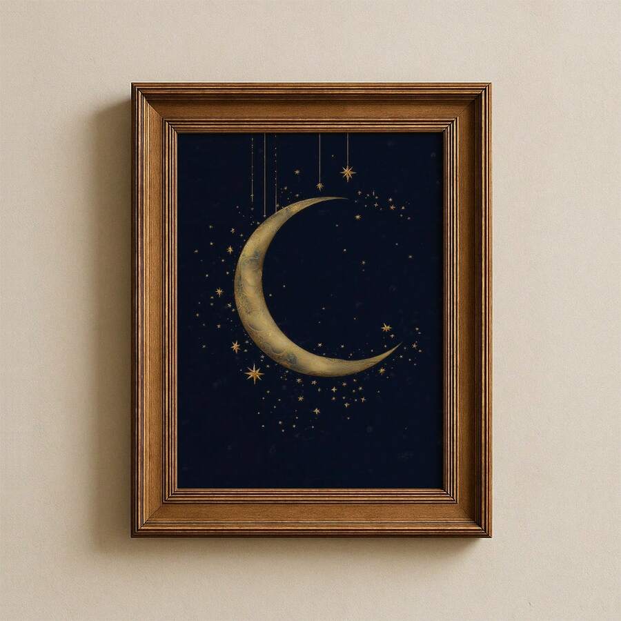 Wide bronze framed midnight blue celestial artwork with engraved gold crescent moon and delicate star clusters