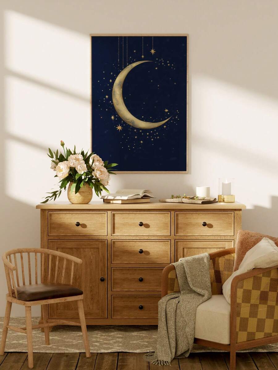Light wood framed gold crescent moon wall art above a dresser with flowers books and candles in a warm living room