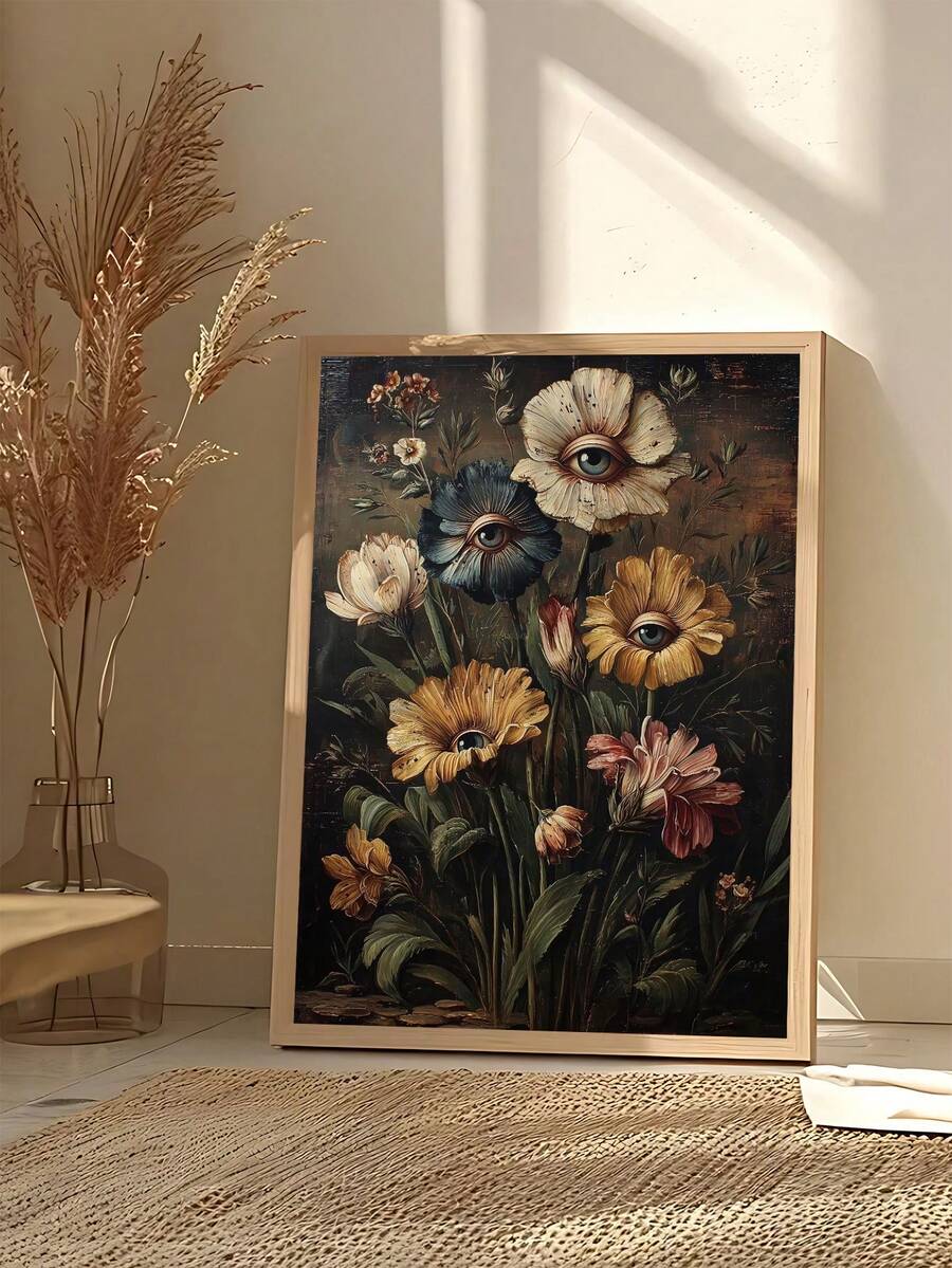 Surreal eye flower botanical poster above wood console