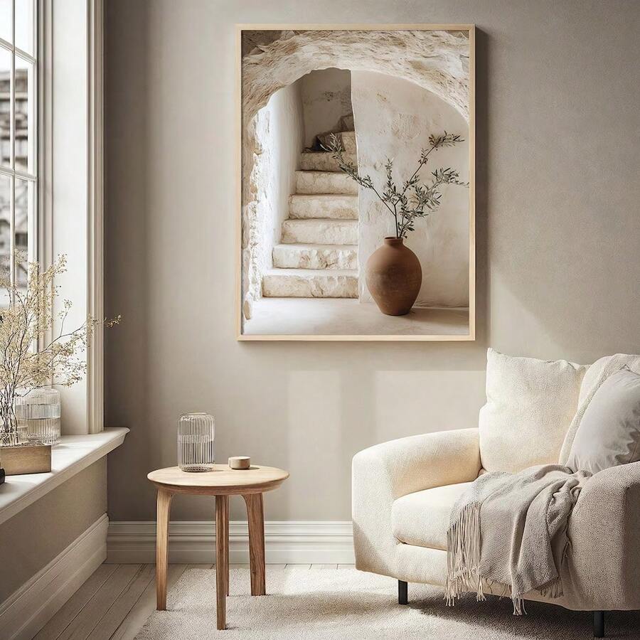 Boho Olive Tree Arch Canvas poster with rustic Mediterranean farmhouse charm. Perfect for living rooms, bedrooms, kitchens, entryways, and natural decor.