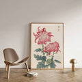 Japanese chrysanthemum wall art with pink flowers green leaves and characters