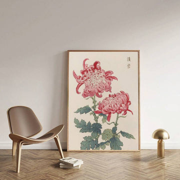Japanese chrysanthemum wall art with pink flowers green leaves and characters