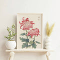 Botanical Japanese poster with chrysanthemum blooms muted green and ivory tones