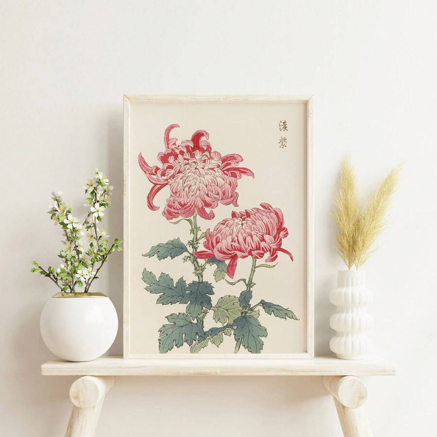 Botanical Japanese poster with chrysanthemum blooms muted green and ivory tones