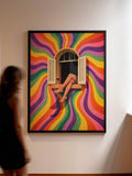 Black framed psychedelic rainbow window poster on gallery wall with crossed legs and wine glass