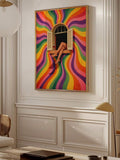 Gold framed rainbow swirl window poster on ornate white wall with retro interior lighting
