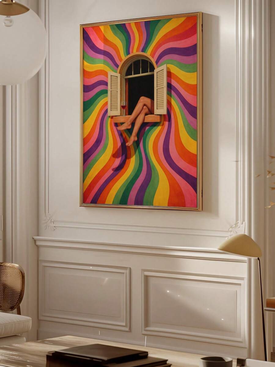 Gold framed rainbow swirl window poster on ornate white wall with retro interior lighting