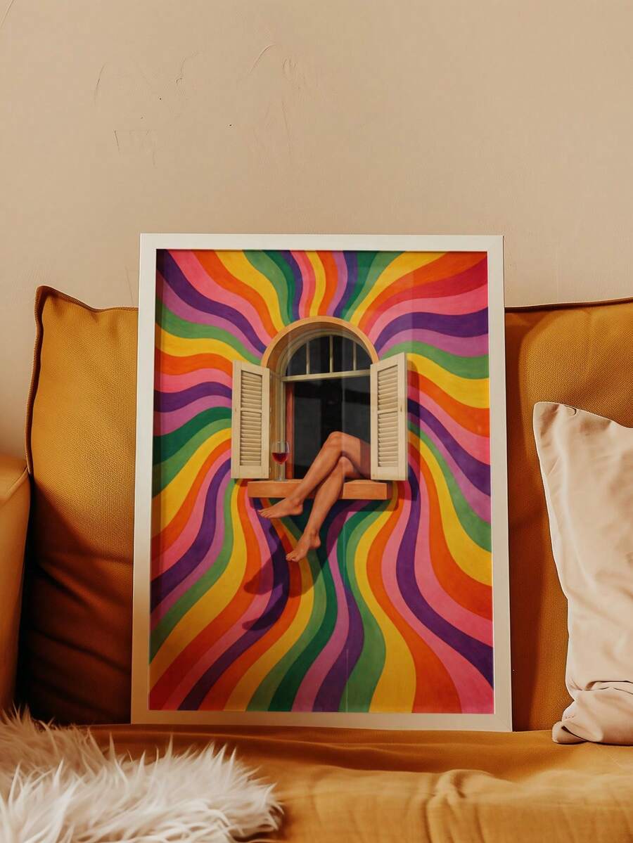 White framed retro rainbow window poster resting on mustard sofa with crossed legs and red wine glass