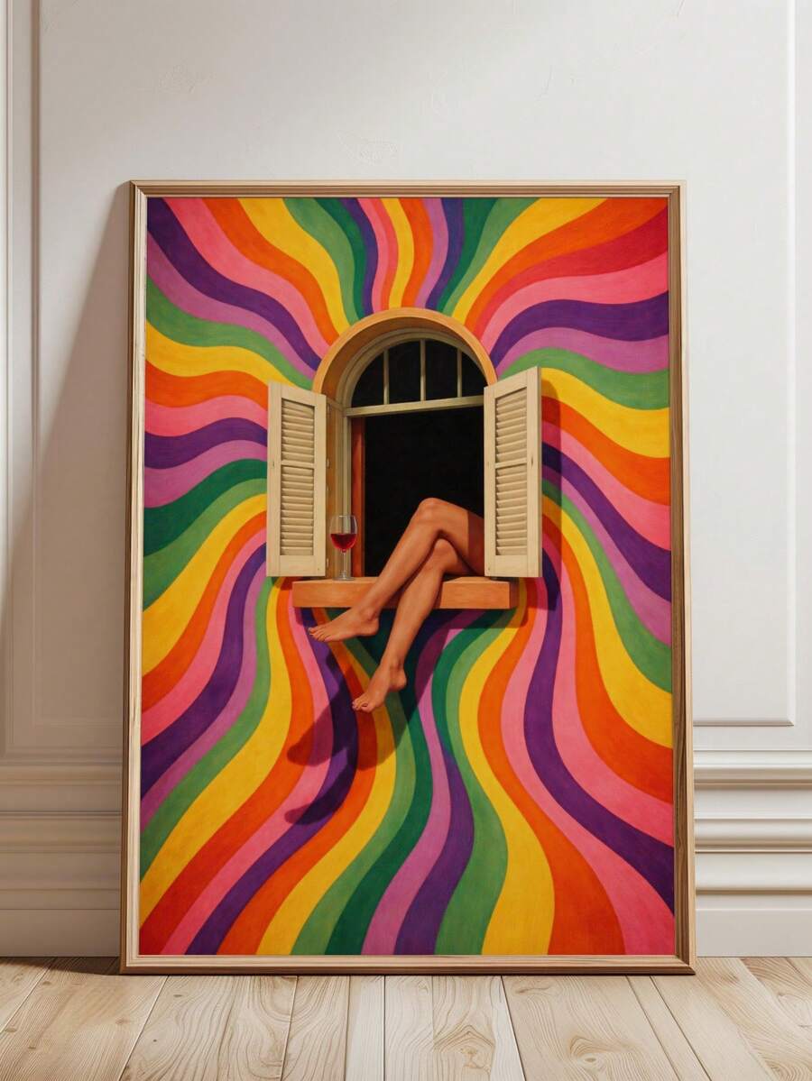 Large framed 70s rainbow swirl window poster leaning on floor with crossed legs and wine glass
