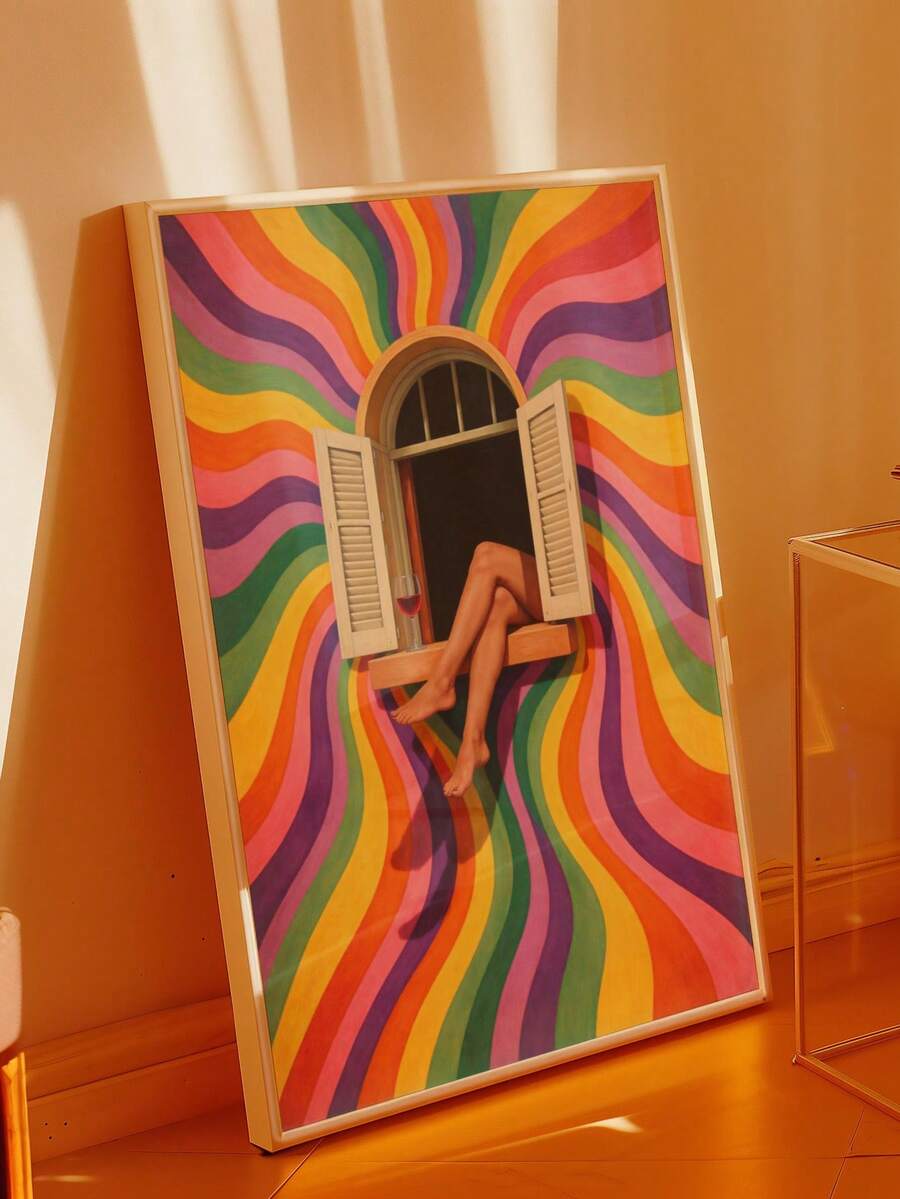 Large white framed rainbow swirl window poster leaning on orange floor and wall in warm sunlight