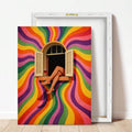 Unframed rainbow swirl window canvas leaning in front of white stretcher frame