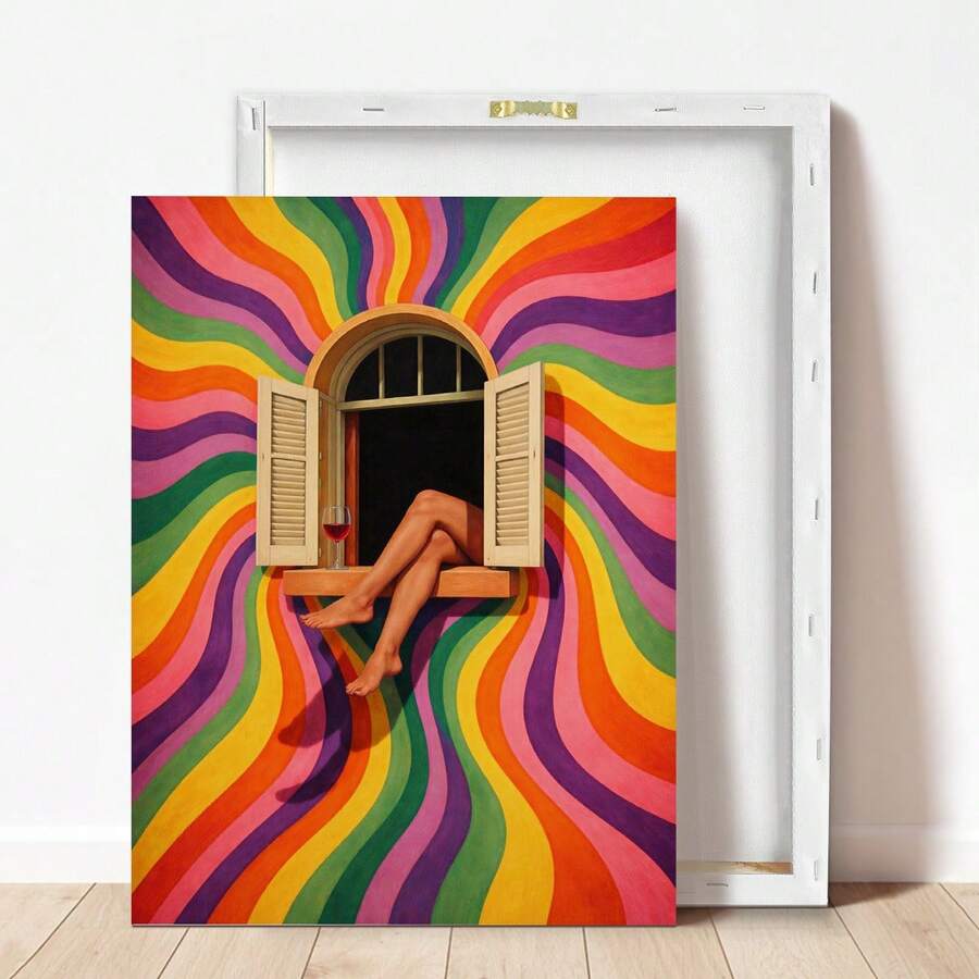 Unframed rainbow swirl window canvas leaning in front of white stretcher frame