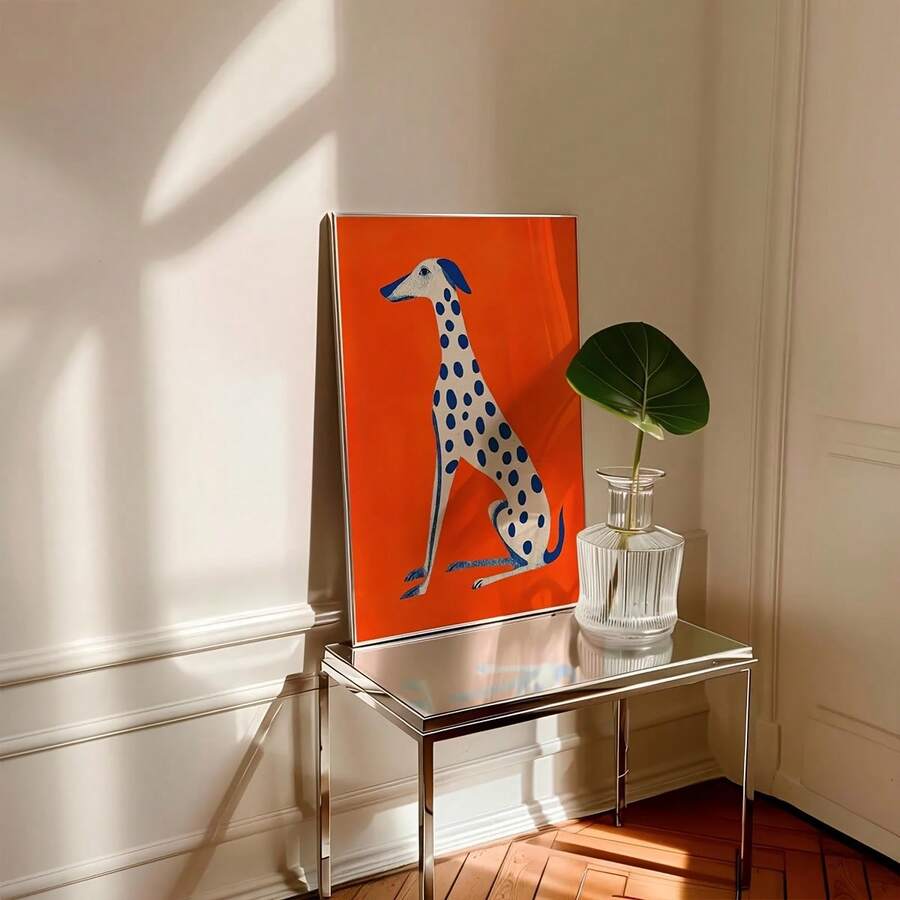 Bold orange dog poster on shelf with books and decor