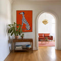 Whimsical blue spotted dog art in warm wood frame