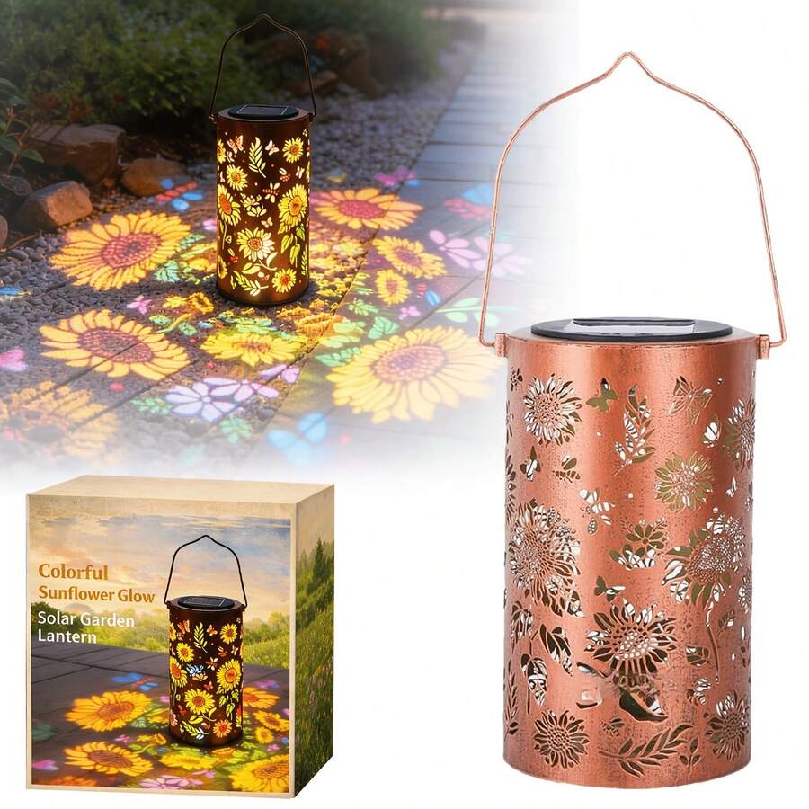 Solar sunflower garden lanterns glowing with colorful floral patterns on walkway.