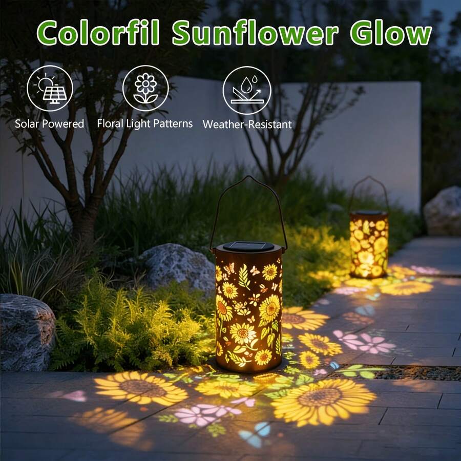 Solar sunflower garden lanterns glowing with colorful floral patterns on walkway.