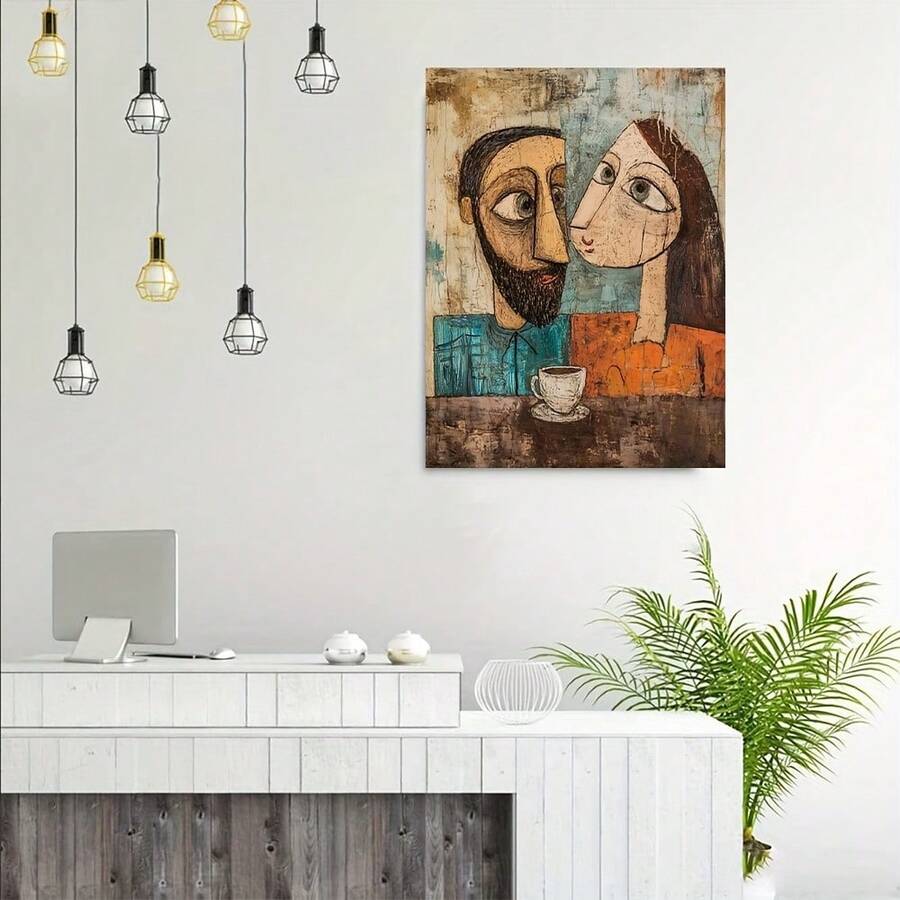 Abstract coffee print shown as framed canvas wall art