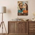 Cubist couple wall art in teal orange beige and brown tones