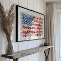 Red white blue wall art shown above entry console