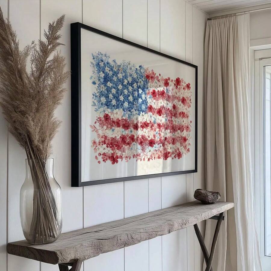 Red white blue wall art shown above entry console