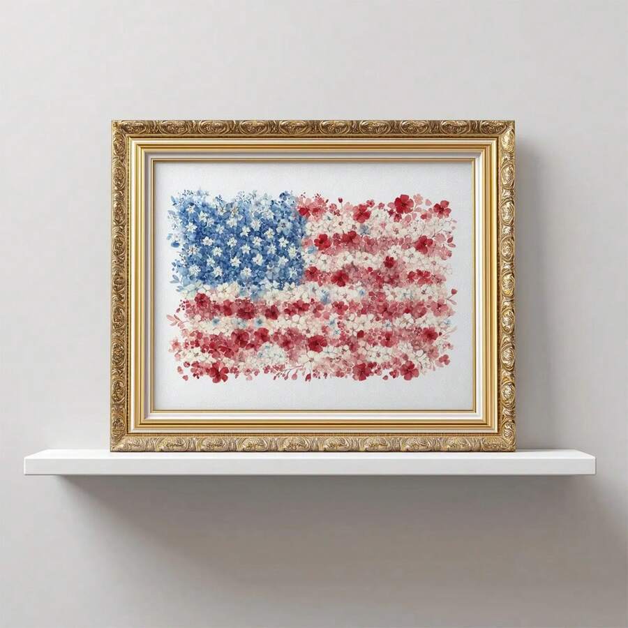 Floral American flag wall art with red white blue flowers