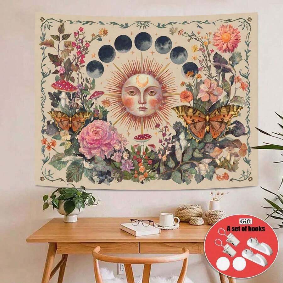 Sun moon flower butterfly tapestry above desk with cream botanical background