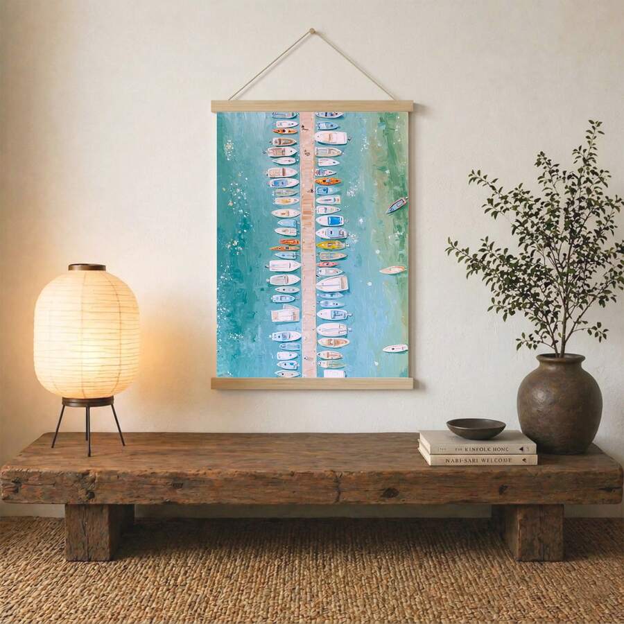 Colorful marina wall art with turquoise water and boats