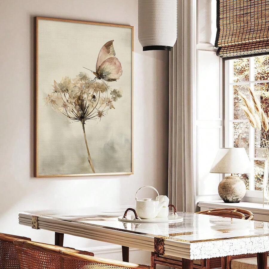 Butterfly wall art framed print with minimalist cottagecore nature style