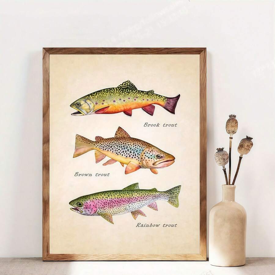 Vintage trout species watercolor canvas wall art