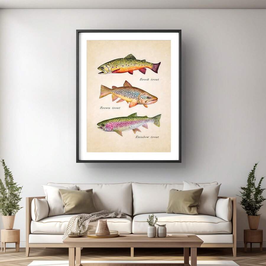 Vintage trout species watercolor canvas wall art