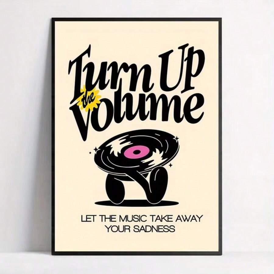 front framed view of Retro music wall art showing Turn Up the Volume typography, a vinyl record character, cream background, black artwork, yellow accent and pink label.