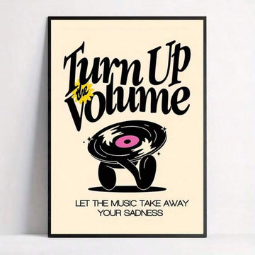 front framed view of Retro music wall art showing Turn Up the Volume typography, a vinyl record character, cream background, black artwork, yellow accent and pink label.