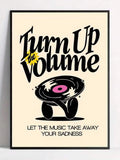 room mockup view of Retro music wall art showing Turn Up the Volume typography, a vinyl record character, cream background, black artwork, yellow accent and pink label.