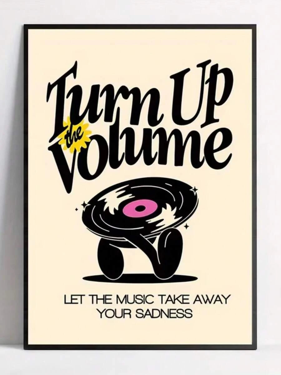 room mockup view of Retro music wall art showing Turn Up the Volume typography, a vinyl record character, cream background, black artwork, yellow accent and pink label.