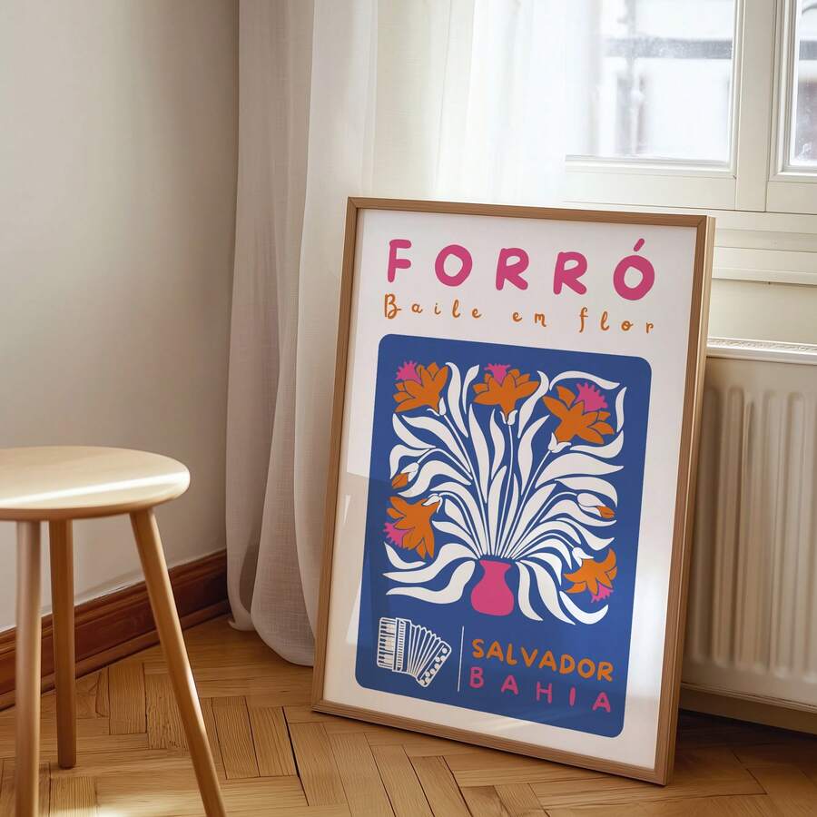 Forró floral canvas leaning beside a bright window and wooden stool