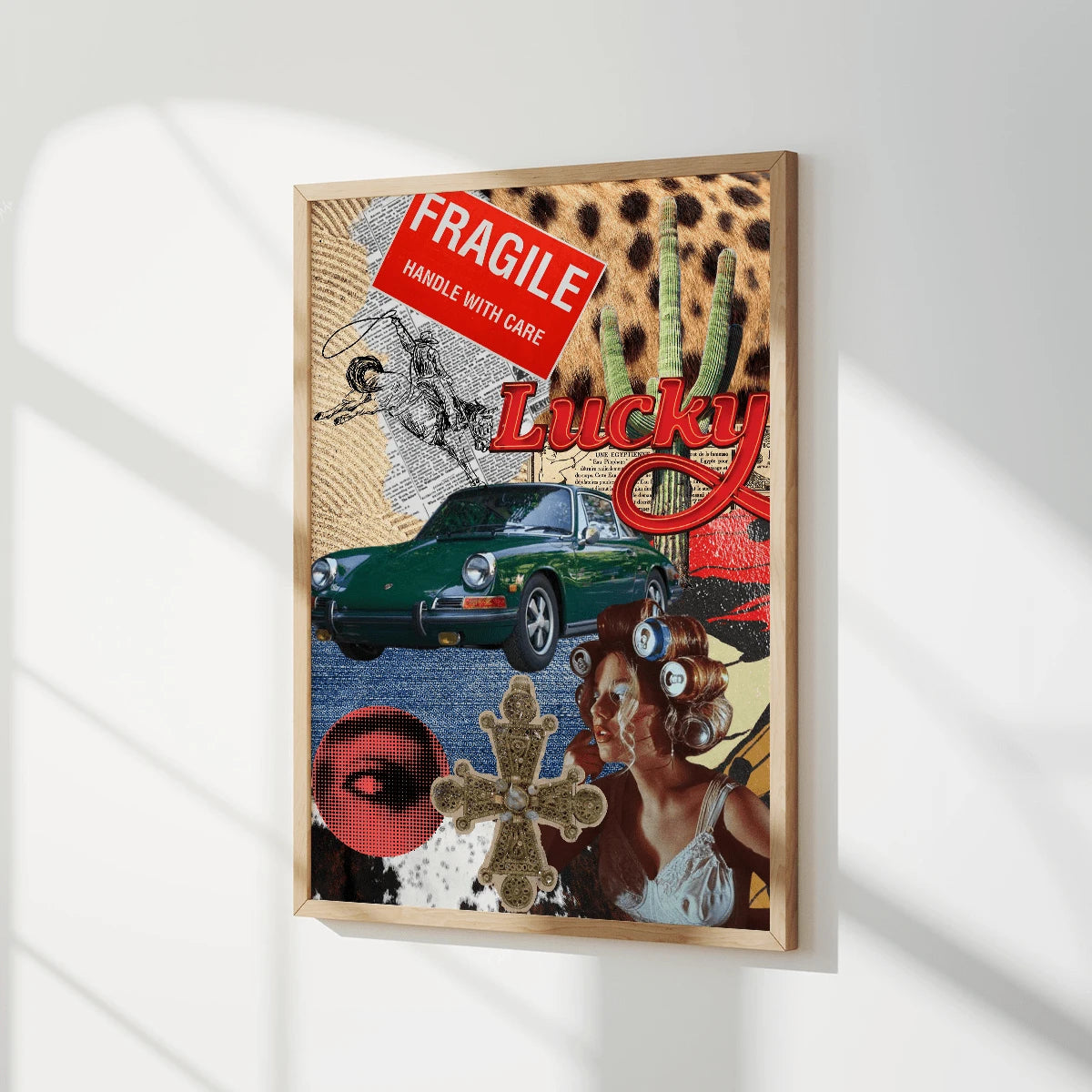70s Retro Western Collage Leopard & Cowgirl Lucky Red Canvas Poster 