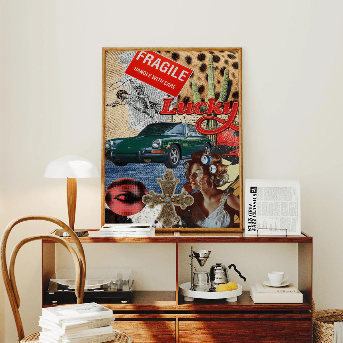 70s Retro Western Collage Leopard & Cowgirl Lucky Red Canvas Poster 