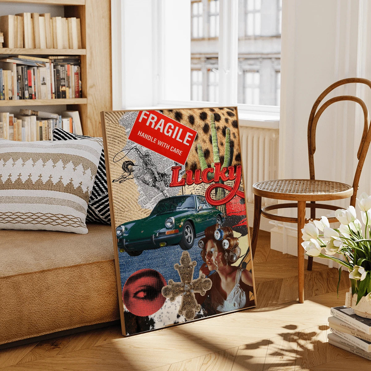 70s Retro Western Collage Leopard & Cowgirl Lucky Red Canvas Poster 