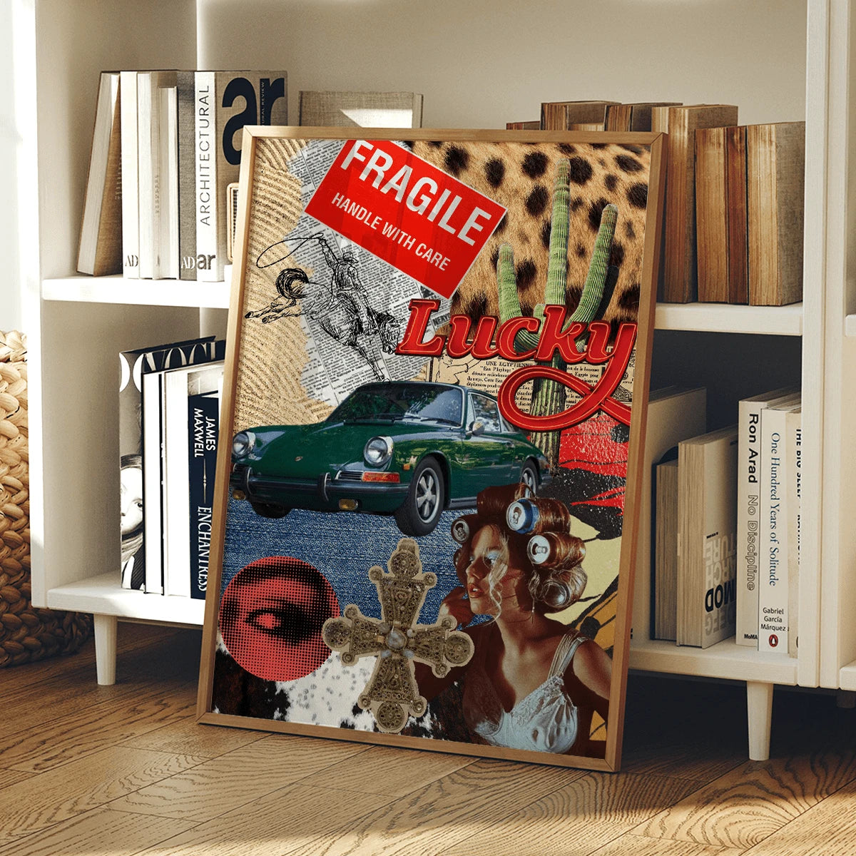 70s Retro Western Collage Leopard & Cowgirl Lucky Red Canvas Poster 