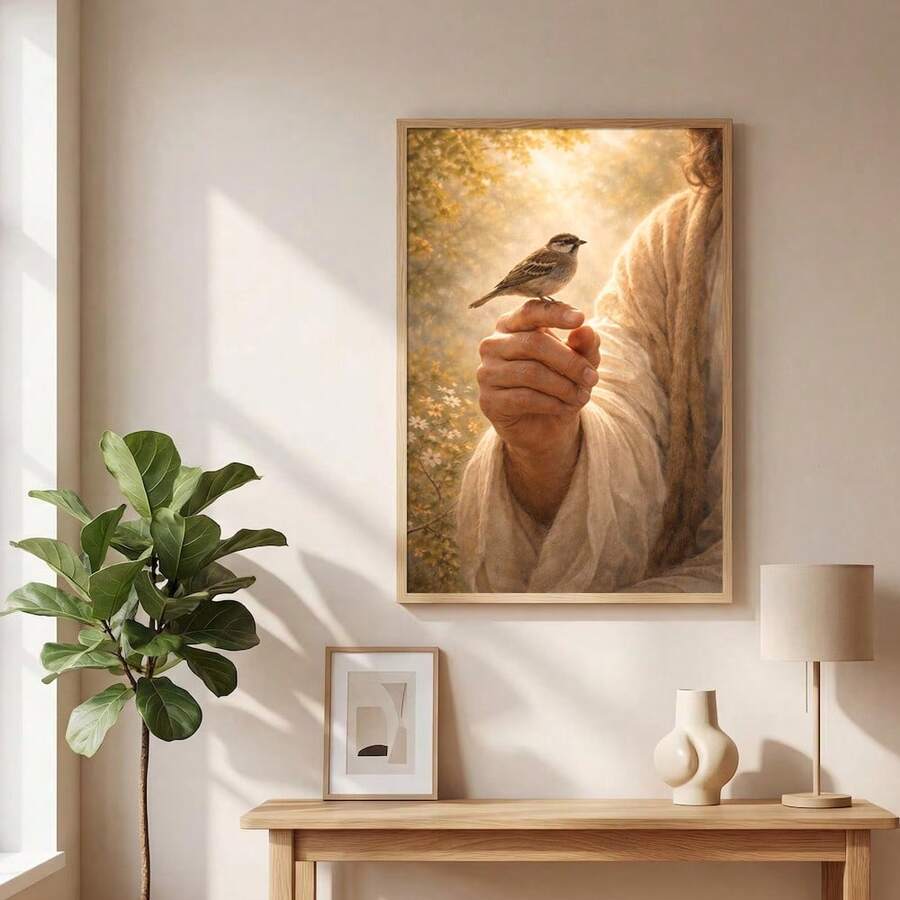 Jesus holding sparrow Christian wall art in wood frame