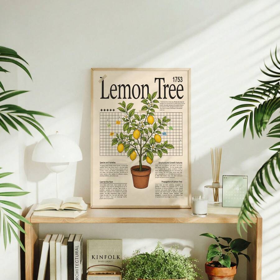 Vintage lemon tree botanical poster with yellow lemons green leaves terracotta pot and Lemon Tree 1753 text