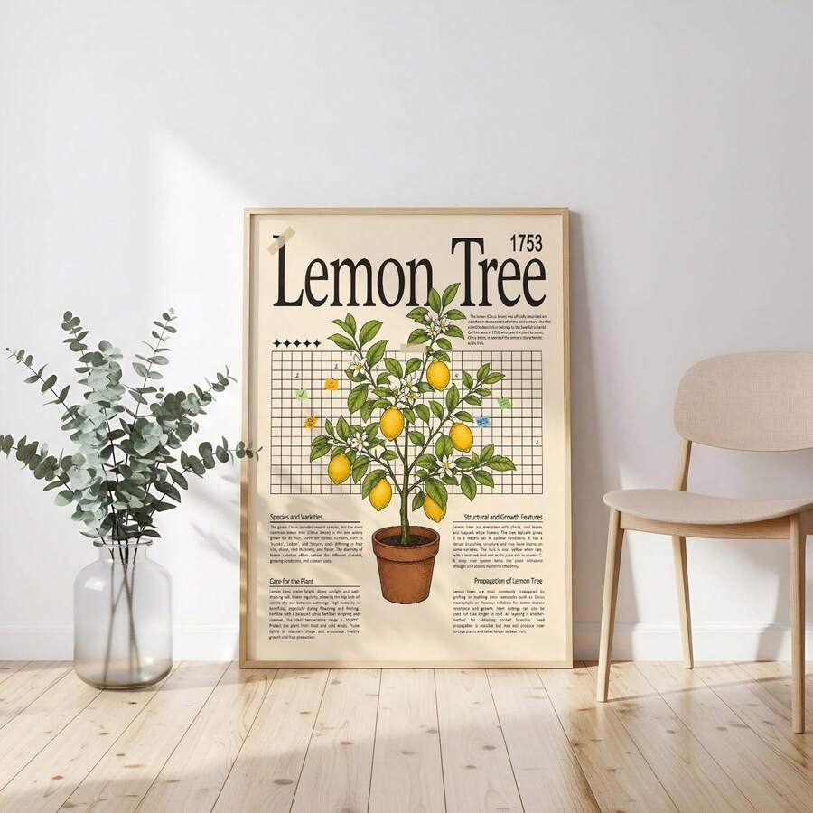 Vintage botanical poster minimalist floor view with lemon tree care chart and frame