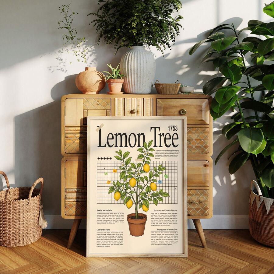 Plant wall decor interior mockup with lemon tree botanical print green leaves and yellow fruit