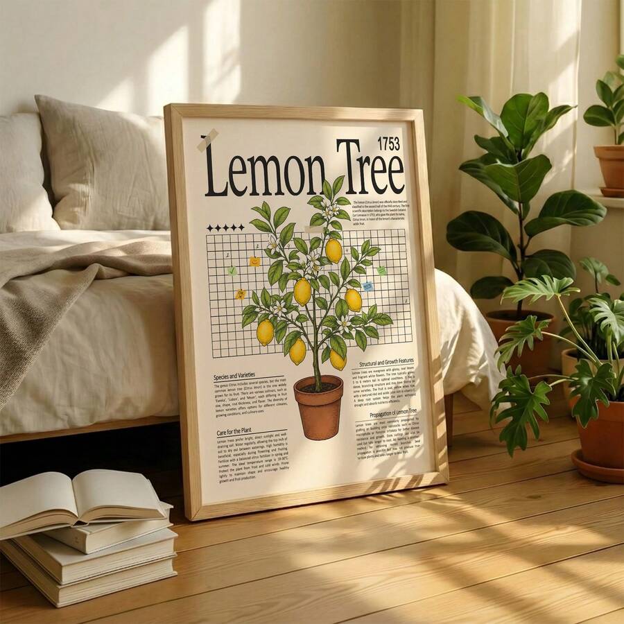 Vintage lemon tree botanical poster with yellow lemons green leaves terracotta pot and Lemon Tree 1753 text