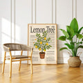 Vintage lemon tree poster close room view with terracotta pot lemons and naturalist text