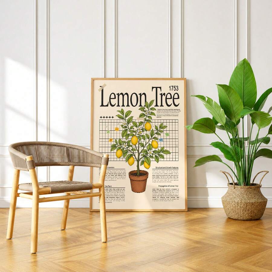 Vintage lemon tree poster close room view with terracotta pot lemons and naturalist text