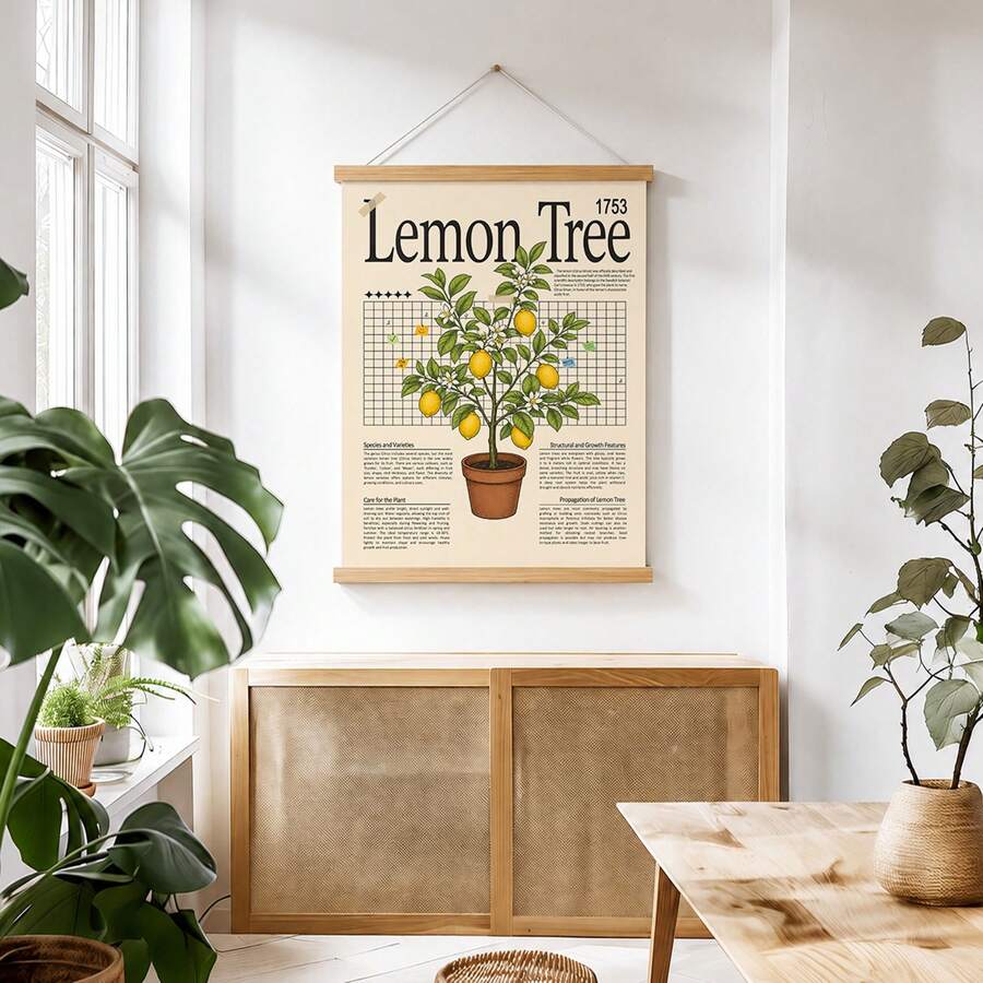 Citrus wall art hanging poster with lemon tree title grid layout and wood rails