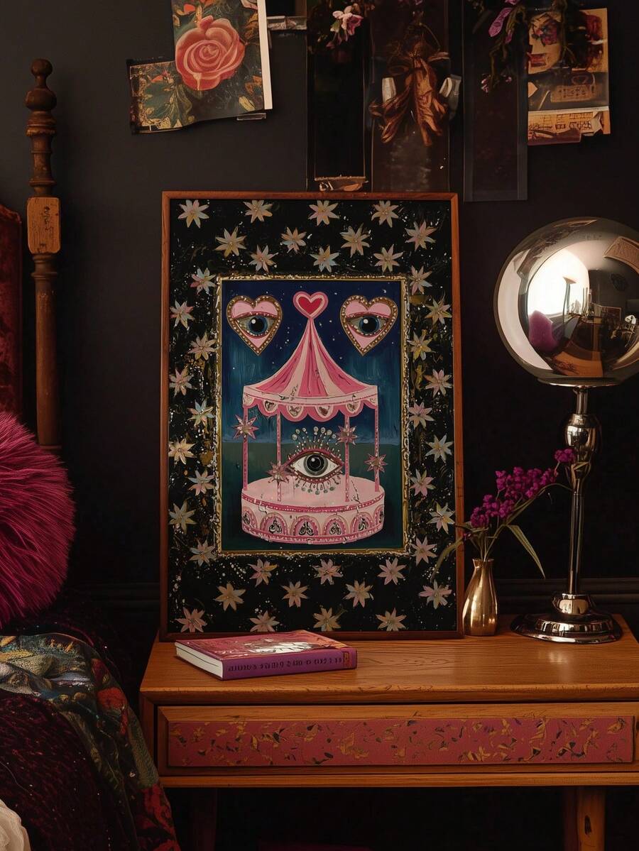 Whimsical wall art with surreal circus tent eyes hearts stars and floral border