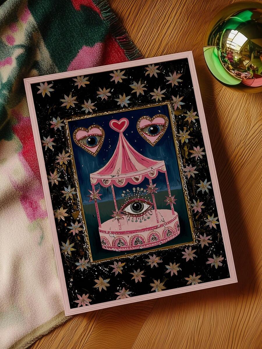 Carousel print featuring all seeing eyes pink black teal navy and gold maximalist colors